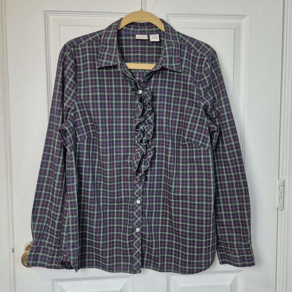 LL Bean Women Size Large Button Down Shirt Blue Plaid Ruffle Cotton - Picture 1 of 4